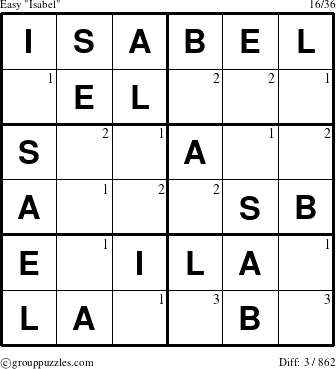 The grouppuzzles.com Easy Isabel puzzle for  with the first 3 steps marked