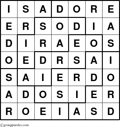 The grouppuzzles.com Answer grid for the Isadore puzzle for 
