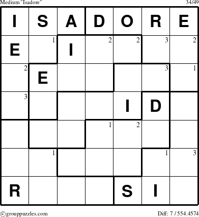 The grouppuzzles.com Medium Isadore puzzle for  with the first 3 steps marked