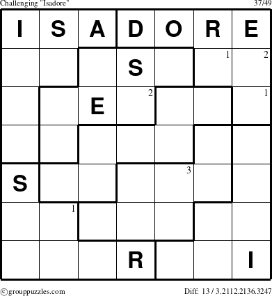 The grouppuzzles.com Challenging Isadore puzzle for  with the first 3 steps marked
