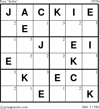 The grouppuzzles.com Easy Jackie puzzle for  with the first 3 steps marked