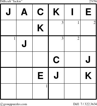 The grouppuzzles.com Difficult Jackie puzzle for  with the first 3 steps marked