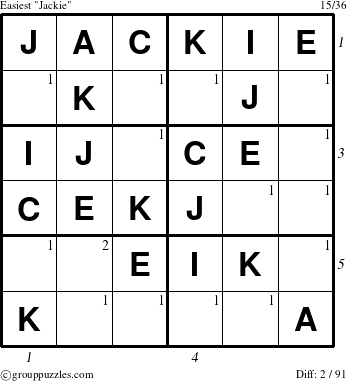The grouppuzzles.com Easiest Jackie puzzle for  with all 2 steps marked