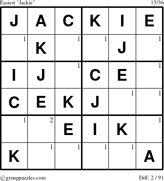 The grouppuzzles.com Easiest Jackie puzzle for  with the first 2 steps marked