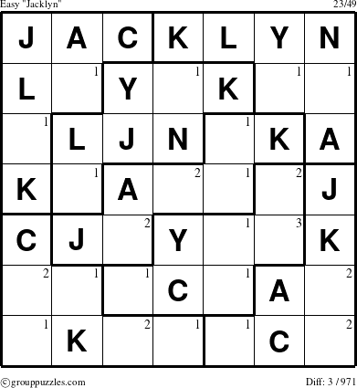 The grouppuzzles.com Easy Jacklyn puzzle for  with the first 3 steps marked