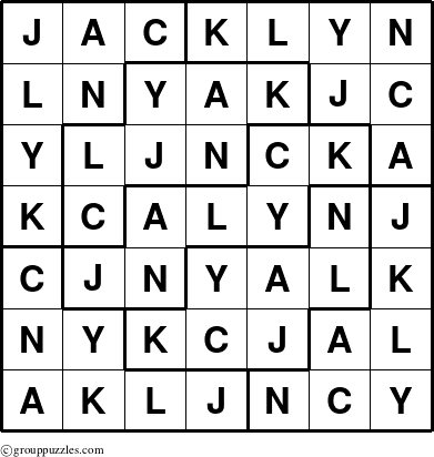 The grouppuzzles.com Answer grid for the Jacklyn puzzle for 