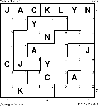 The grouppuzzles.com Medium Jacklyn puzzle for  with all 7 steps marked