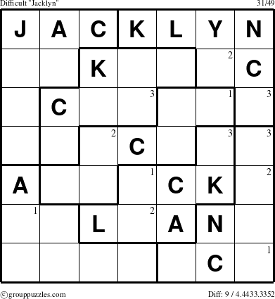 The grouppuzzles.com Difficult Jacklyn puzzle for  with the first 3 steps marked