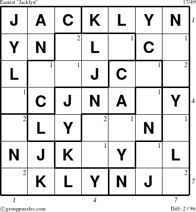 The grouppuzzles.com Easiest Jacklyn puzzle for  with all 2 steps marked
