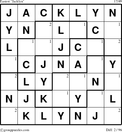 The grouppuzzles.com Easiest Jacklyn puzzle for  with the first 2 steps marked