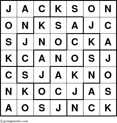 The grouppuzzles.com Answer grid for the Jackson puzzle for 
