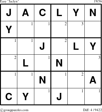 The grouppuzzles.com Easy Jaclyn puzzle for  with the first 3 steps marked