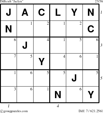 The grouppuzzles.com Difficult Jaclyn puzzle for  with all 7 steps marked