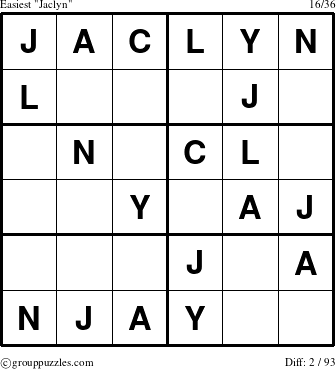 The grouppuzzles.com Easiest Jaclyn puzzle for 