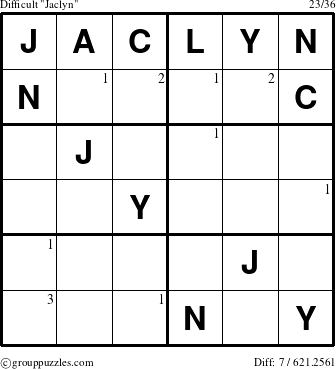 The grouppuzzles.com Difficult Jaclyn puzzle for  with the first 3 steps marked