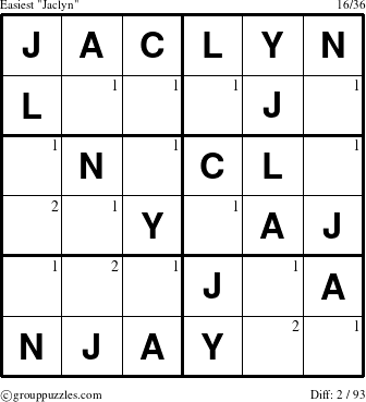 The grouppuzzles.com Easiest Jaclyn puzzle for  with the first 2 steps marked