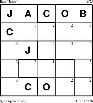 The grouppuzzles.com Easy Jacob puzzle for  with the first 3 steps marked