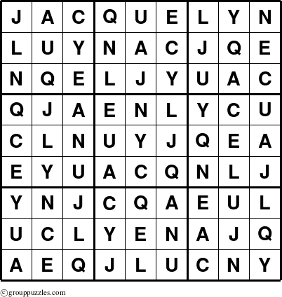 The grouppuzzles.com Answer grid for the Jacquelyn puzzle for 