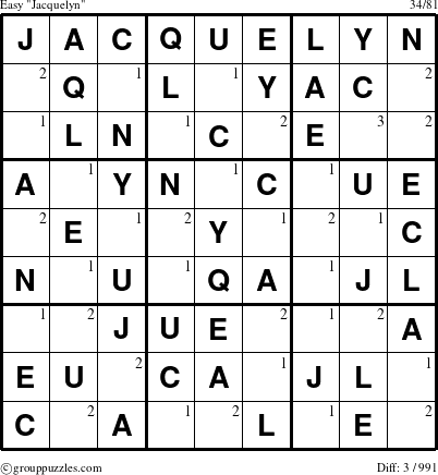 The grouppuzzles.com Easy Jacquelyn puzzle for  with the first 3 steps marked