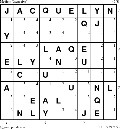 The grouppuzzles.com Medium Jacquelyn puzzle for  with all 5 steps marked