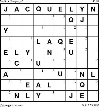 The grouppuzzles.com Medium Jacquelyn puzzle for  with the first 3 steps marked