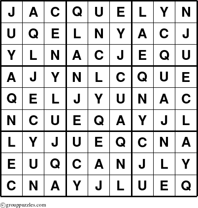 The grouppuzzles.com Answer grid for the Jacquelyn puzzle for 