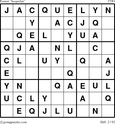 The grouppuzzles.com Easiest Jacquelyn puzzle for 