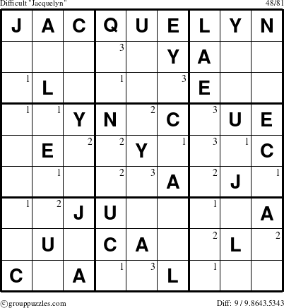The grouppuzzles.com Difficult Jacquelyn puzzle for  with the first 3 steps marked