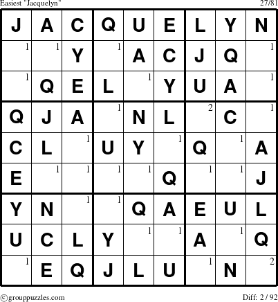 The grouppuzzles.com Easiest Jacquelyn puzzle for  with the first 2 steps marked