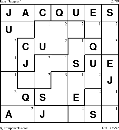 The grouppuzzles.com Easy Jacques puzzle for  with the first 3 steps marked