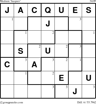 The grouppuzzles.com Medium Jacques puzzle for  with the first 3 steps marked