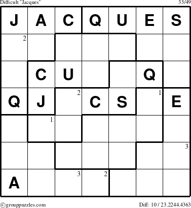 The grouppuzzles.com Difficult Jacques puzzle for  with the first 3 steps marked