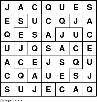 The grouppuzzles.com Answer grid for the Jacques puzzle for 