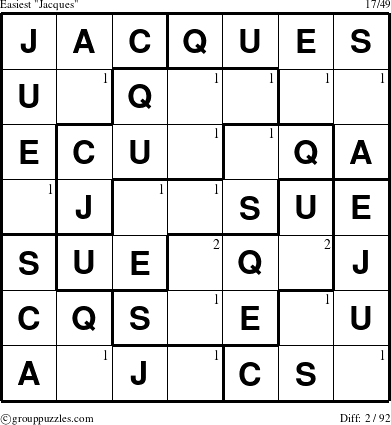 The grouppuzzles.com Easiest Jacques puzzle for  with the first 2 steps marked