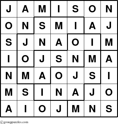 The grouppuzzles.com Answer grid for the Jamison puzzle for 