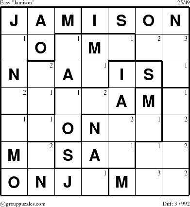 The grouppuzzles.com Easy Jamison puzzle for  with the first 3 steps marked