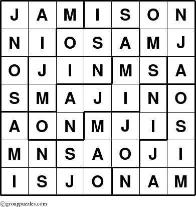 The grouppuzzles.com Answer grid for the Jamison puzzle for 