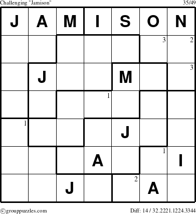 The grouppuzzles.com Challenging Jamison puzzle for  with the first 3 steps marked
