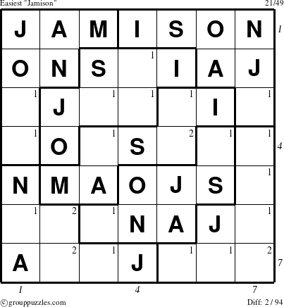 The grouppuzzles.com Easiest Jamison puzzle for , suitable for printing, with all 2 steps marked