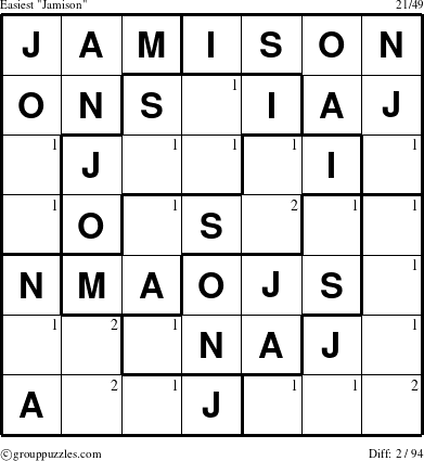 The grouppuzzles.com Easiest Jamison puzzle for  with the first 2 steps marked