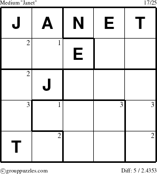 The grouppuzzles.com Medium Janet puzzle for  with the first 3 steps marked