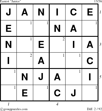 The grouppuzzles.com Easiest Janice puzzle for  with all 2 steps marked