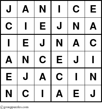 The grouppuzzles.com Answer grid for the Janice puzzle for 