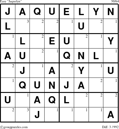 The grouppuzzles.com Easy Jaquelyn puzzle for  with the first 3 steps marked