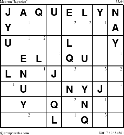 The grouppuzzles.com Medium Jaquelyn puzzle for  with the first 3 steps marked