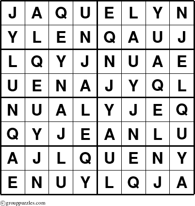 The grouppuzzles.com Answer grid for the Jaquelyn puzzle for 