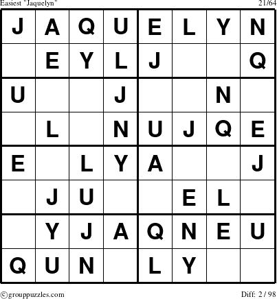 The grouppuzzles.com Easiest Jaquelyn puzzle for 