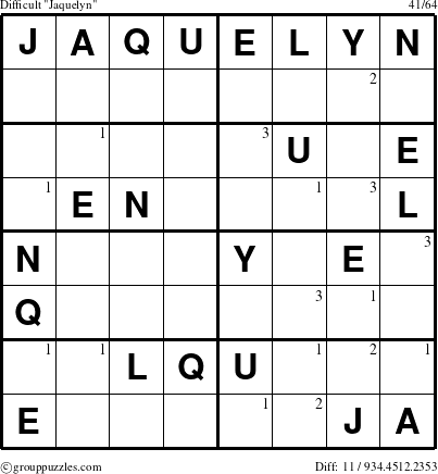 The grouppuzzles.com Difficult Jaquelyn puzzle for  with the first 3 steps marked