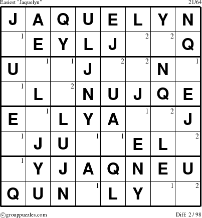 The grouppuzzles.com Easiest Jaquelyn puzzle for  with the first 2 steps marked