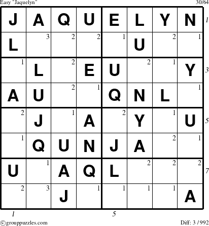 The grouppuzzles.com Easy Jaquelyn puzzle for  with all 3 steps marked